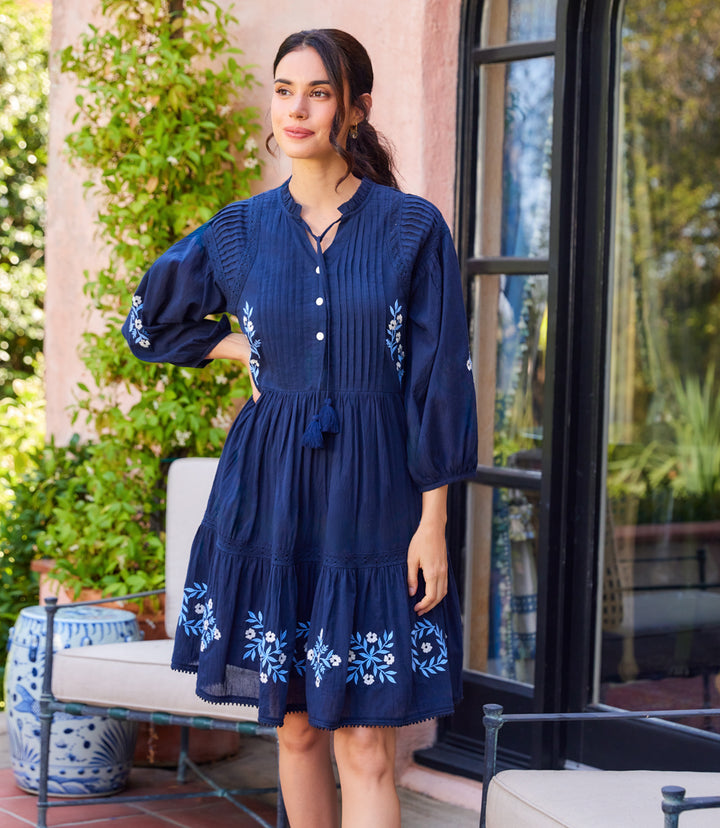 Blouson Sleeve Embroidered Lace Trim Tiered Dress