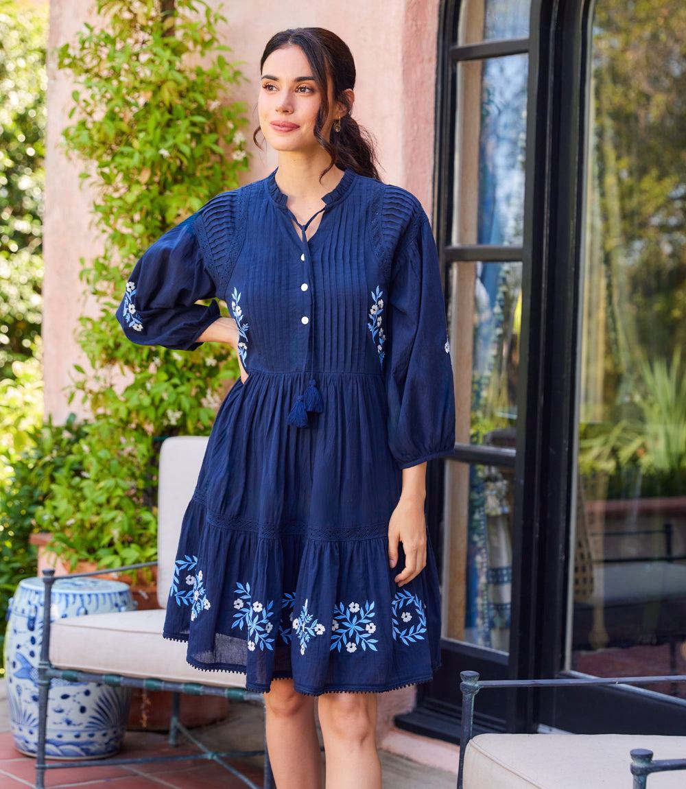 Blouson Sleeve Embroidered Lace Trim Tiered Dress - Feminine