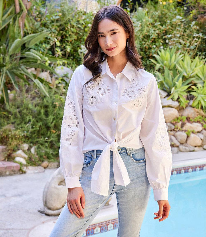 Embroidered Tie Front Top