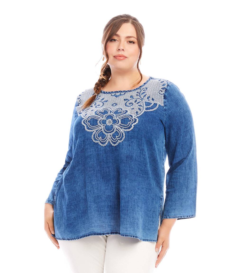 Plus size embroidered boatneck tunic in indigo cotton with flare sleeves and textured overlay