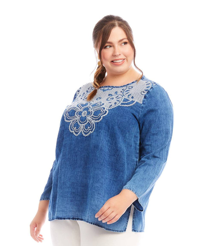 Plus Size Embroidered Boatneck Tunic