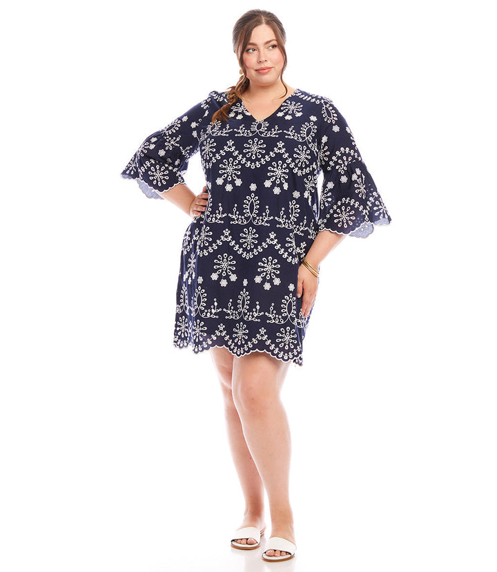 Plus size flare sleeve embroidered navy dress with v-neck and asymmetric hem