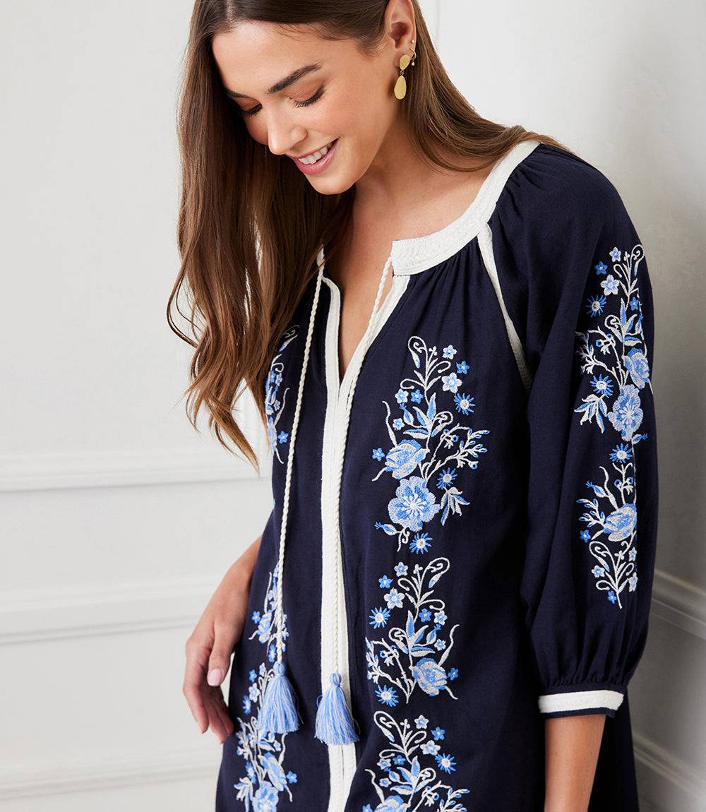 Blouson Sleeve Embroidered Peasant Dress