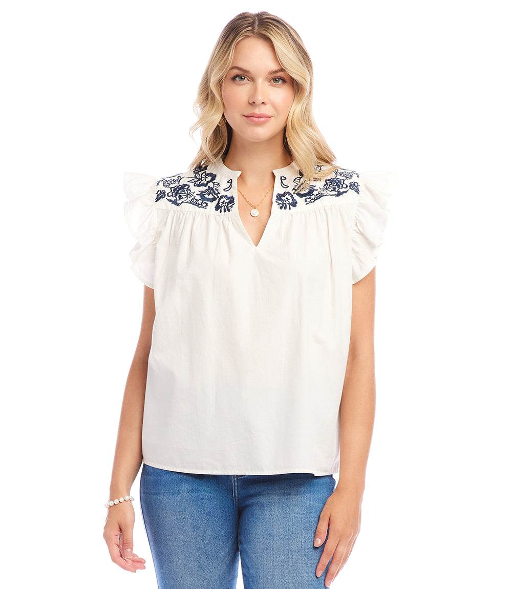 Embroidered Ruffle Sleeve Top