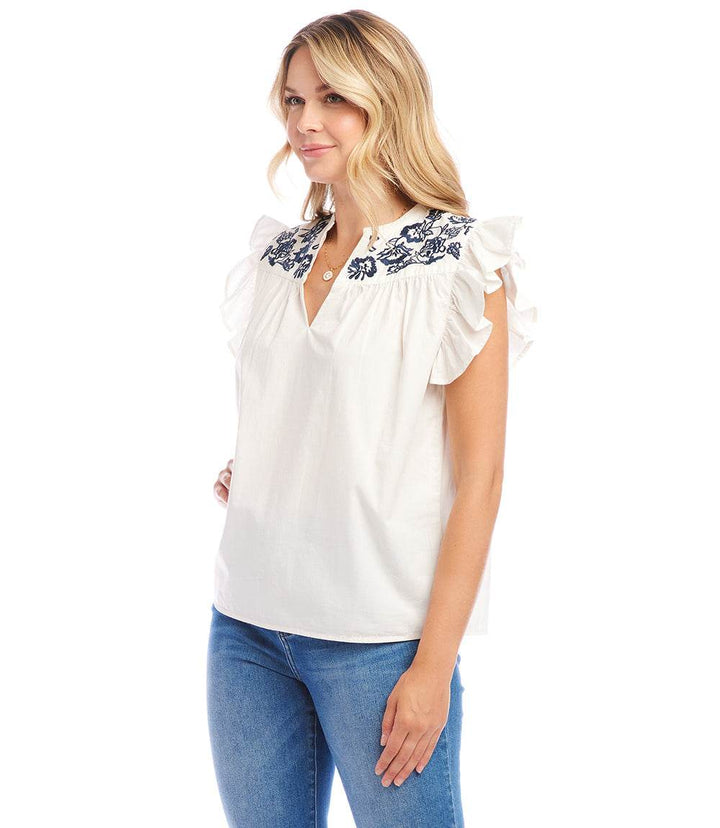Embroidered Ruffle Sleeve Top