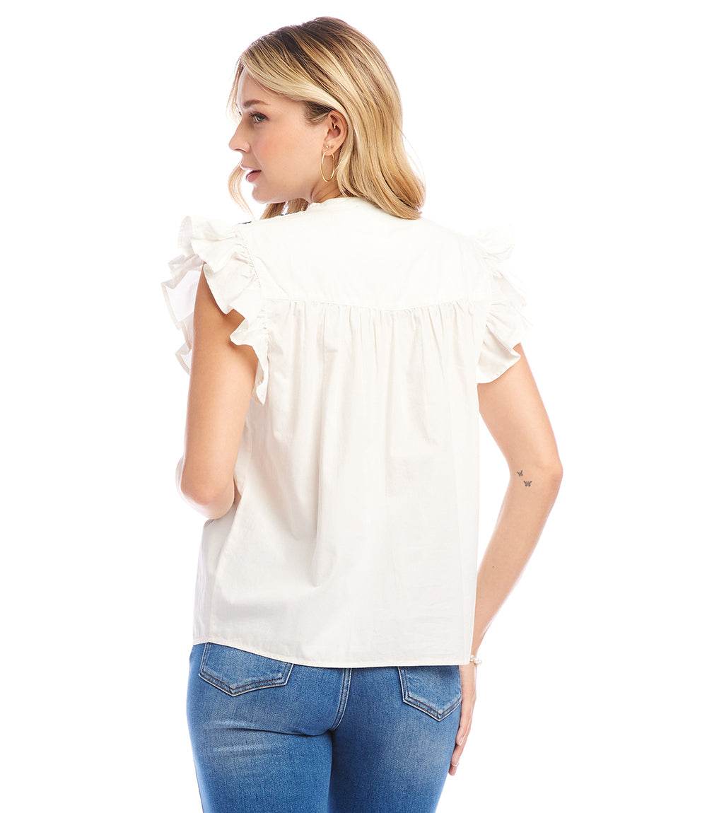 Embroidered Ruffle Sleeve Top