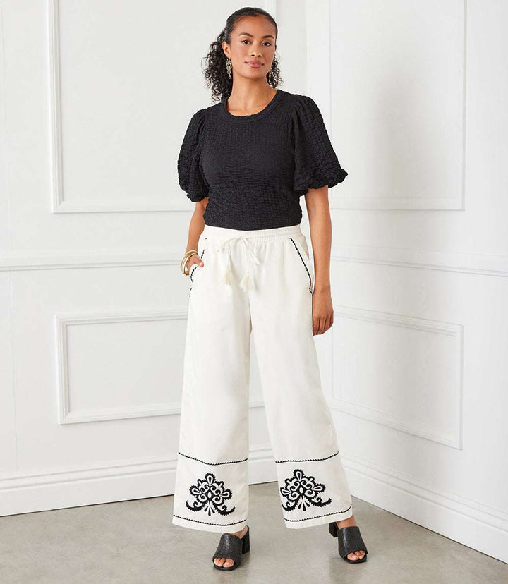 Embroidered Drawstring Ankle Pants