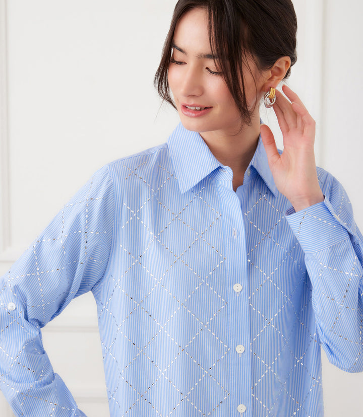 Stripe Roll-Tab Embellished Shirtdress