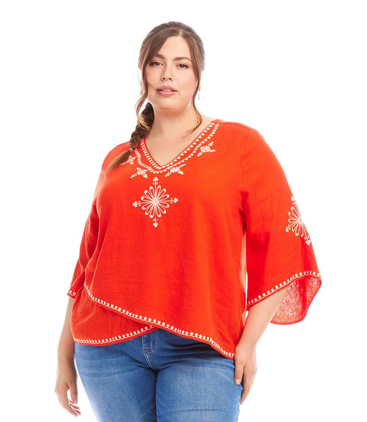Plus size bracelet sleeve asymmetric orange top with embroidery detail and layered hem