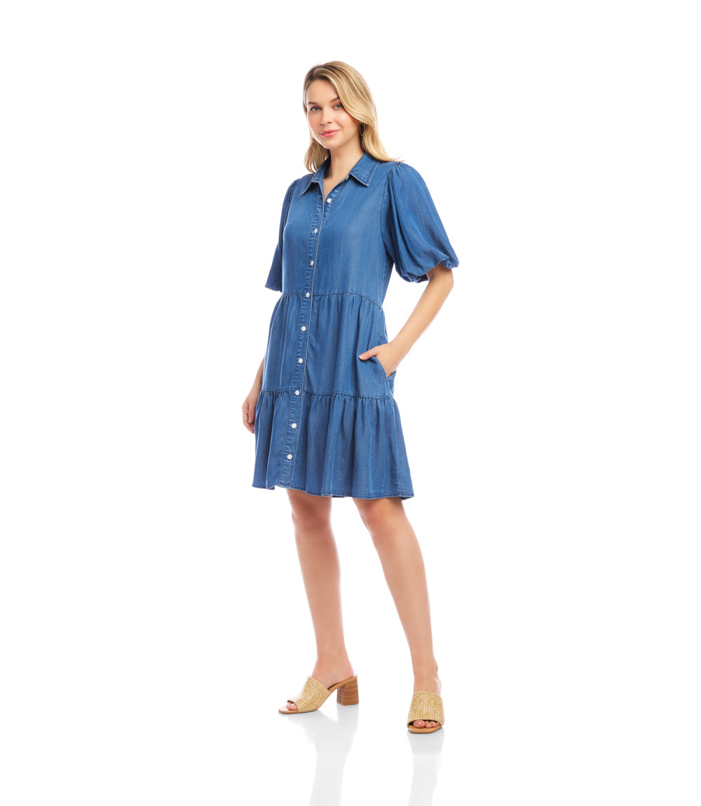Petite Size Puff Sleeve Tiered Shirtdress
