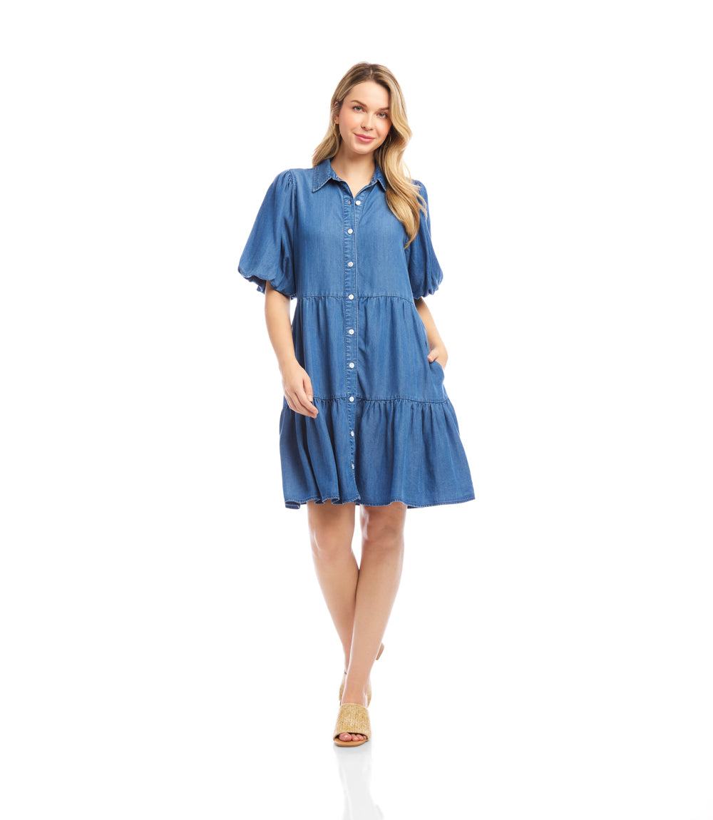 Karen Kane Women's Puff Sleeve Tiered Shirtdress, XS Karen Kane Women's Puff Sleeve Tiered Shirtdress, XS