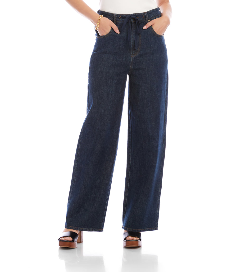 Denim Drawstring Wide-Leg Pants