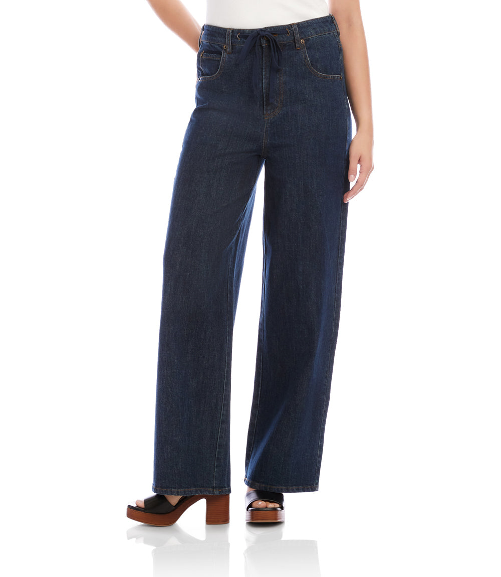 Denim Drawstring Wide-Leg Pants