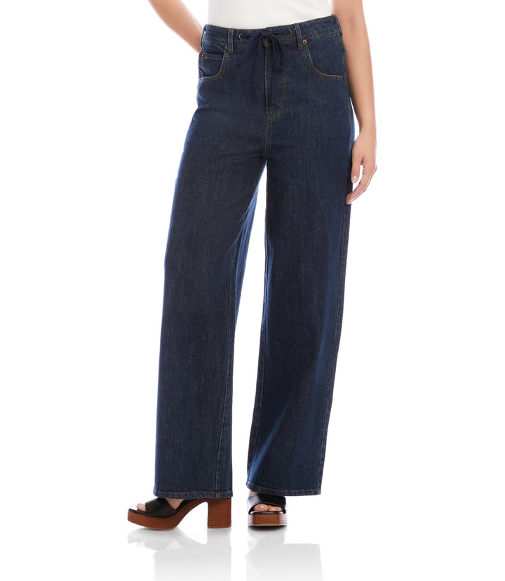 Denim Drawstring Wide-Leg Pants