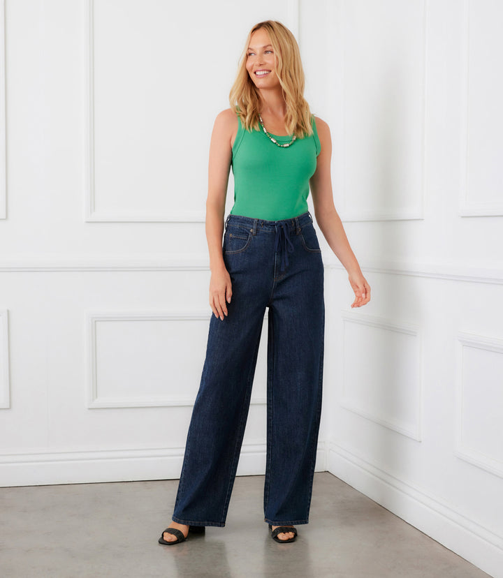 Denim Drawstring Wide-Leg Pants