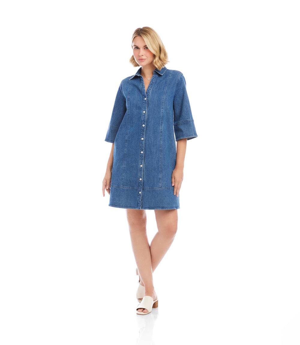 denim flare sleeve dress boohoo Women's Petite Flare Sleeve Denim Shift Dress in Blue