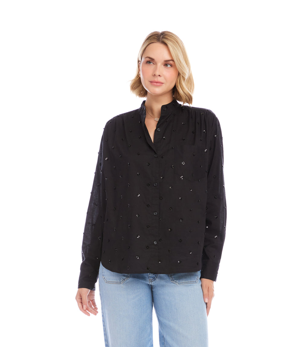 Long Sleeve Beaded Sequin Shirt