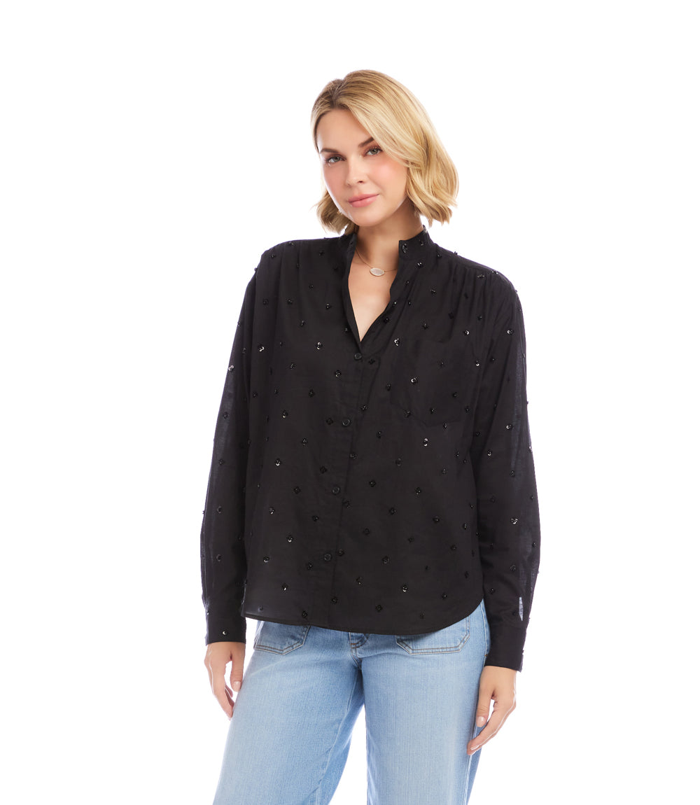 Long Sleeve Beaded Sequin Shirt