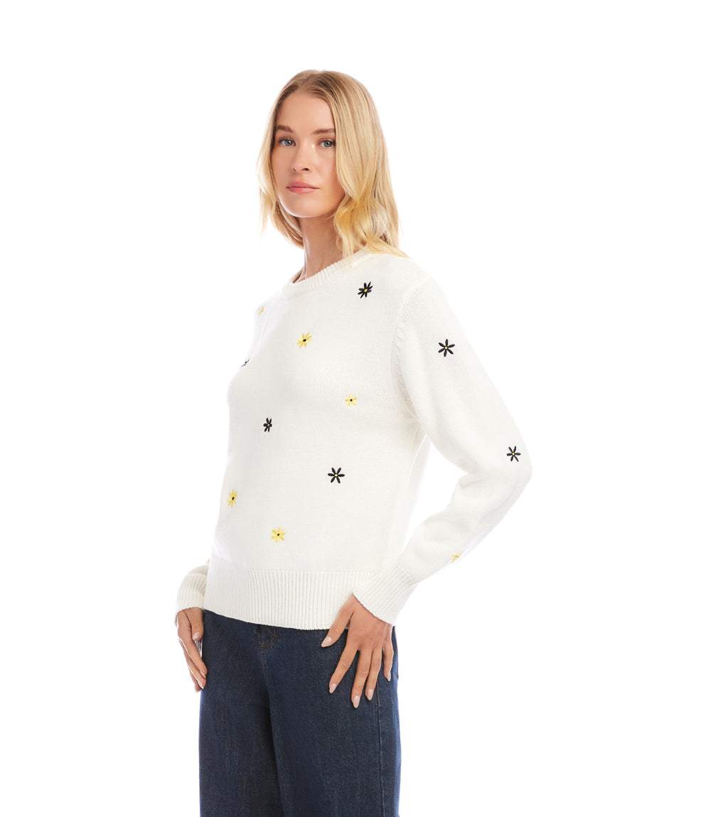 Embroidered Daisy Crewneck Sweater