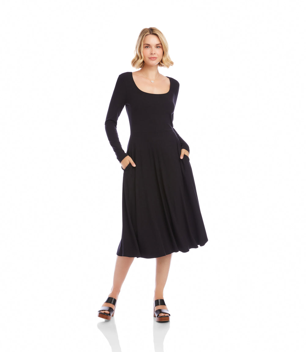 Long Sleeve Ribbed Scoop Neck A-Line Dress
