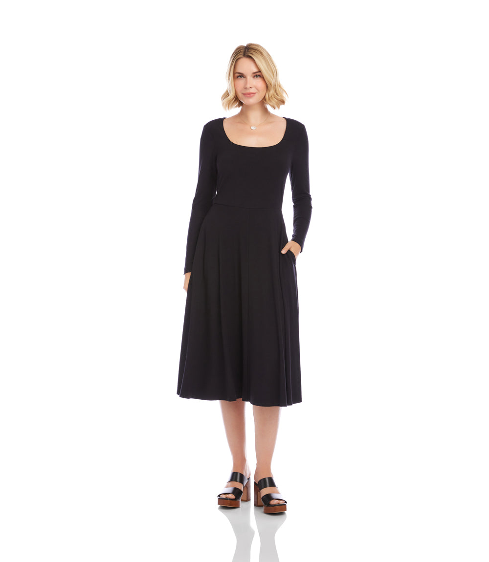 Long Sleeve Ribbed Scoop Neck A-Line Dress