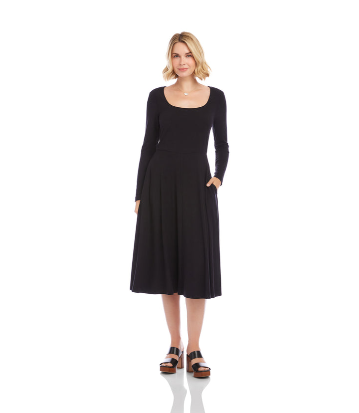 Long Sleeve Ribbed Scoop Neck A-Line Dress