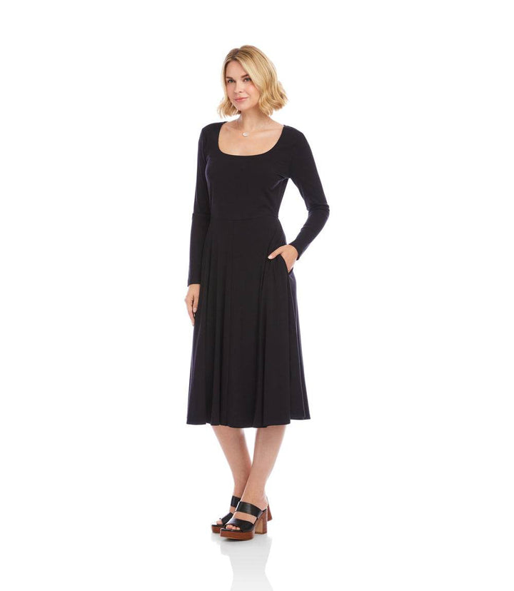 Karen Kane Long Sleeve Ribbed Scoop Neck A Line Dress - Black - S Karen Kane Long Sleeve Ribbed Scoop Neck A Line Dress - Black - S