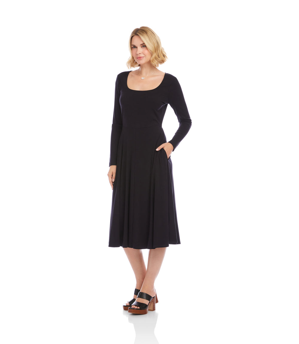Long Sleeve Ribbed Scoop Neck A-Line Dress