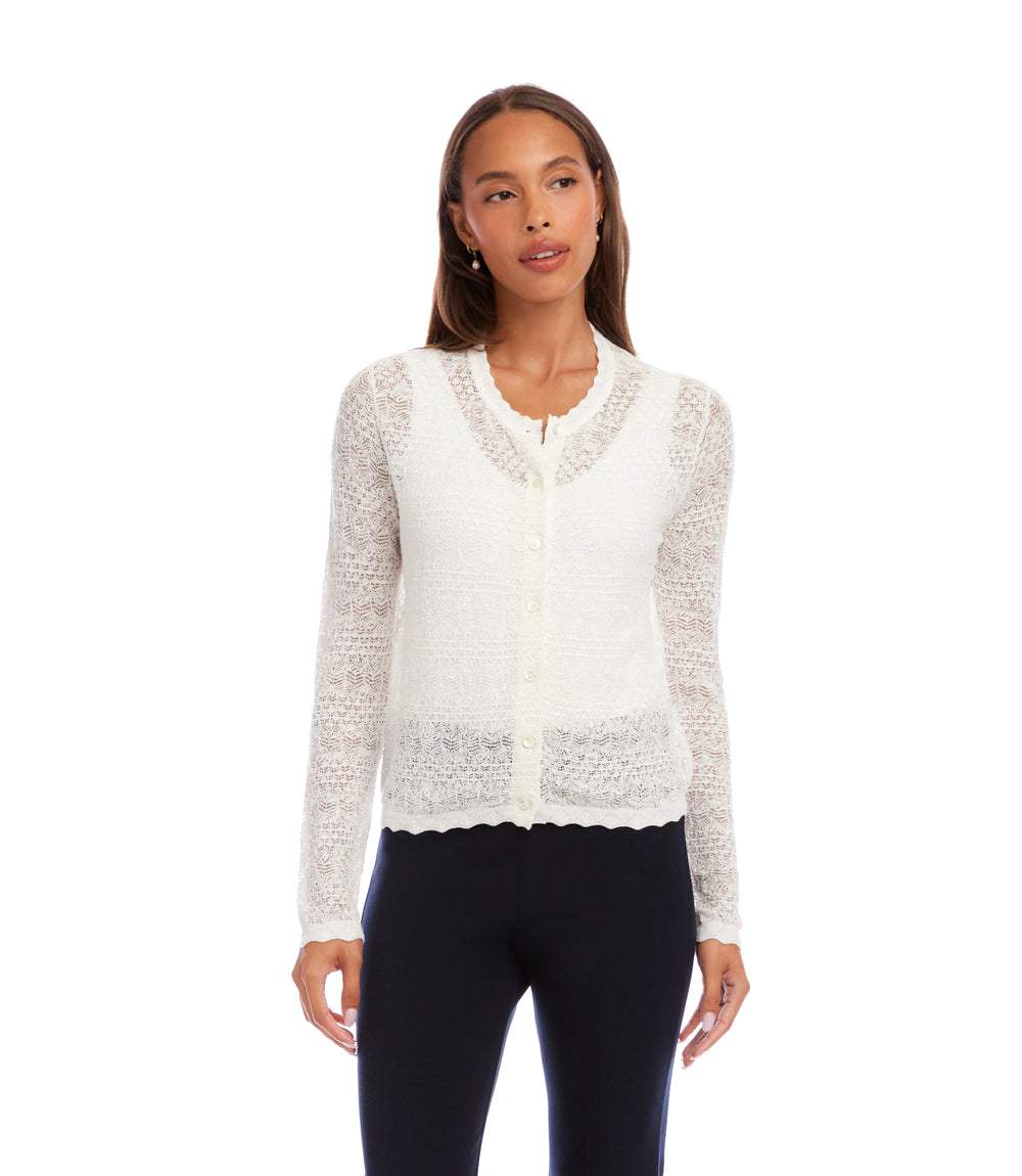 Pointelle Cardigan Sweater - Delicate Sheer Knit, Elegant Layering