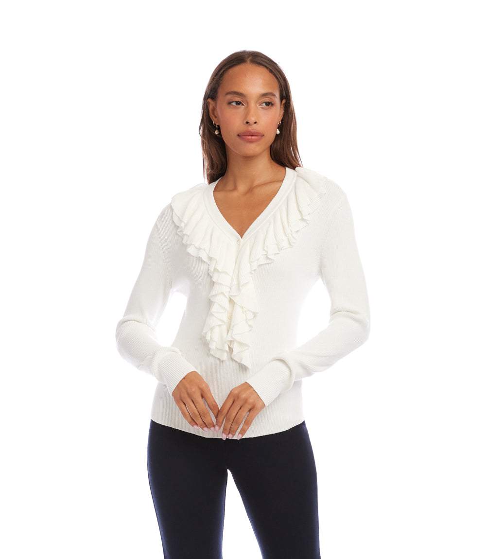 Ruffle V-Neck Sweater - Feminine Knit Top with Ruffle Detailing