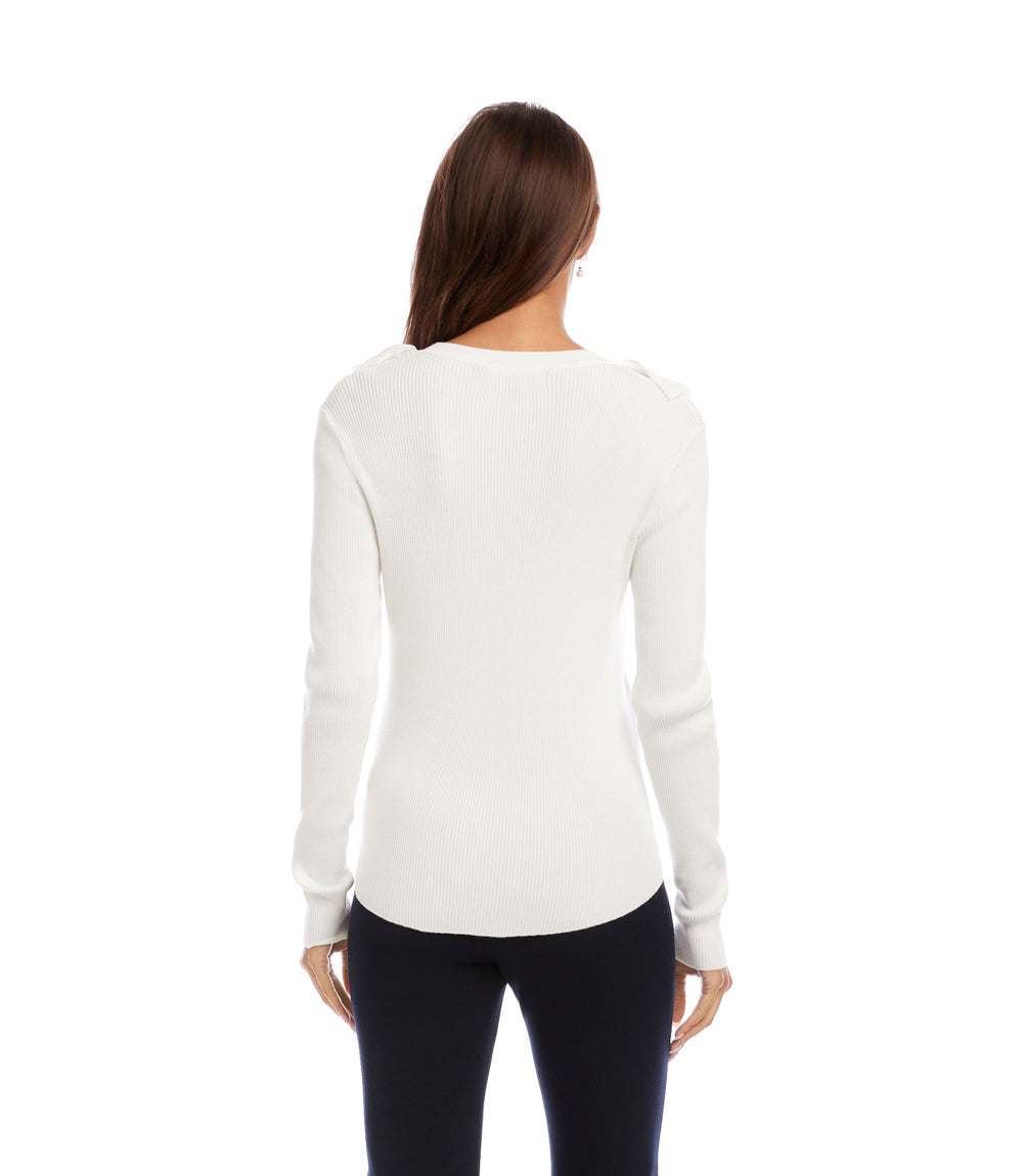 Ruffle V-Neck Sweater - Feminine Knit Top with Ruffle Detailing