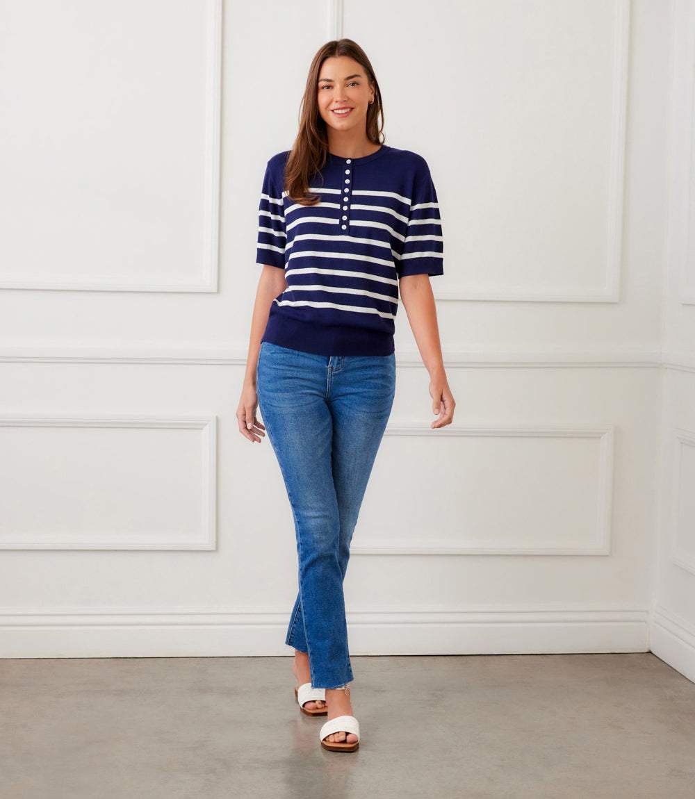 Henley Stripe Sweater - Classic Knit with Timeless Stripe