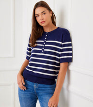 Henley Stripe Sweater short sleeve knit with button placket and horizontal stripes