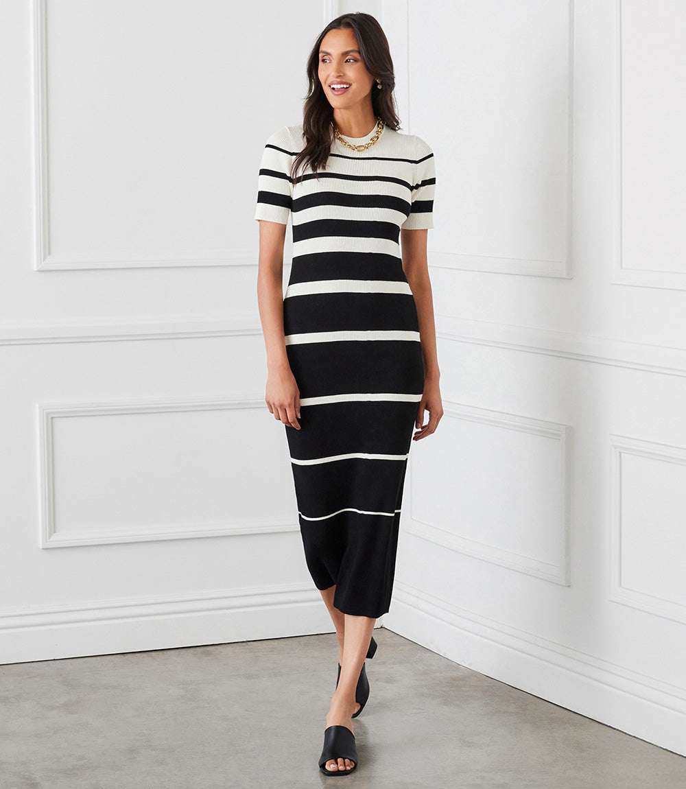 Stripe Ribbed Sweater Midi Dress