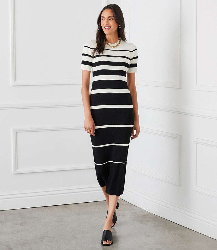 Stripe Ribbed Sweater Midi Dress