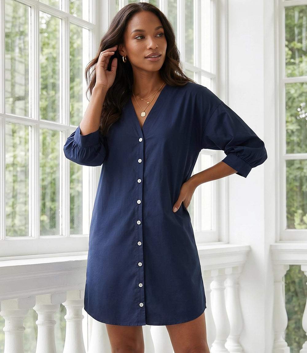 Karen Kane Women's Lantern Sleeve Button-Front Dress, Extra Large, XL, Navy, 100% Polyester