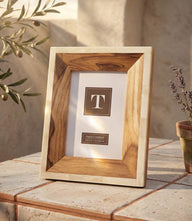 Large wood picture frame made of teakwood and bone with easel stand for tabletop display