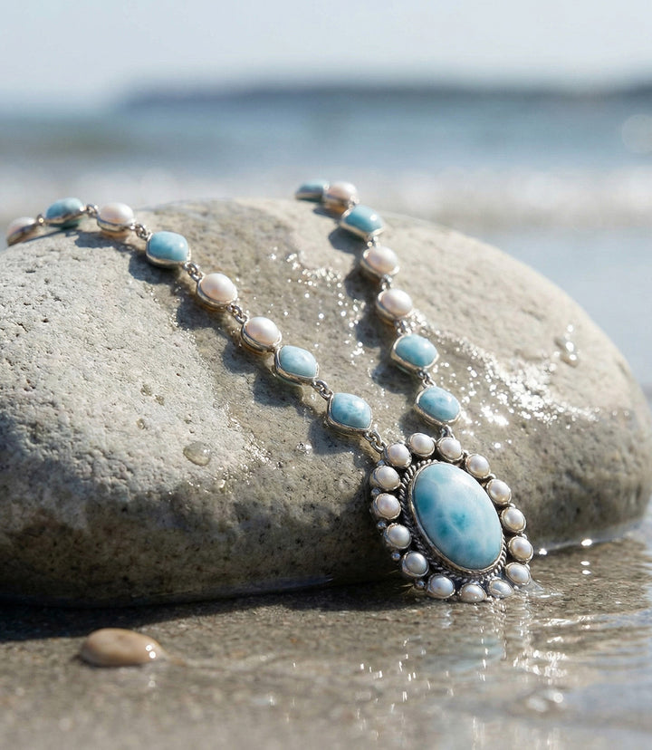 Larimar And Mother Of Pearl Pendant Necklace