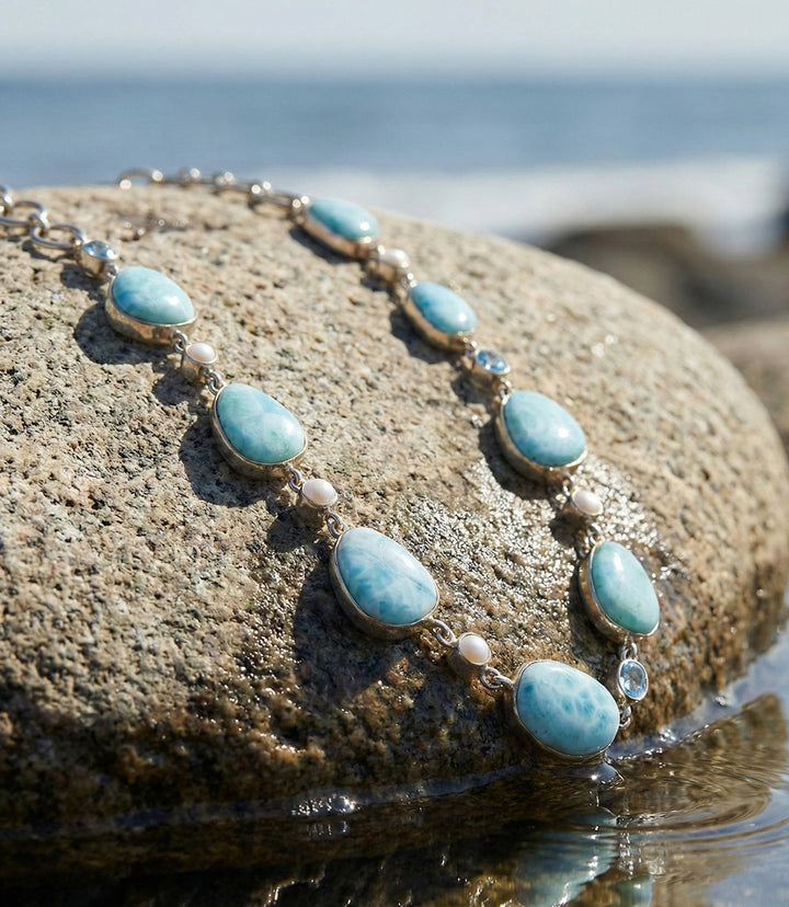 Larimar, Blue Topaz, And Mother Of Pearl Necklace