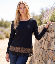 Black Layered Contrast Sweater with brown cheetah faux layering and scoop neck design
