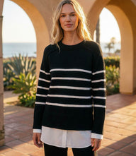 Layered Stripe Crewneck Sweater with horizontal stripes and faux layering detail on hem and cuffs
