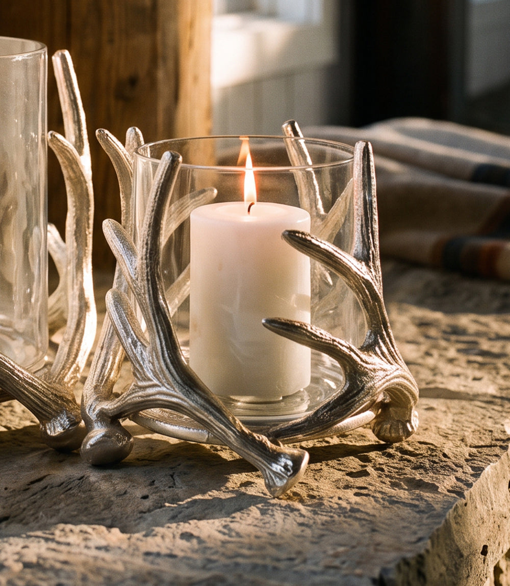 Small Silver Antler Hurricane Candleholder
