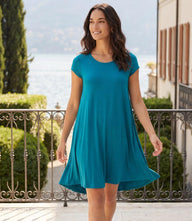 Maggie Trapeze Dress in soft rayon spandex jersey with scoop neck and cap sleeves, above-knee length, relaxed fit.