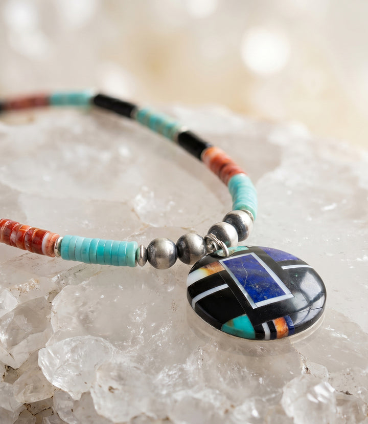 Beaded Turquoise, Jet, And Spiny Oyster Shell Pendant Necklace