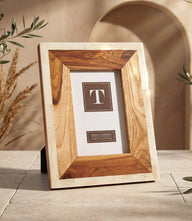 Medium wood picture frame with teakwood and bone accents, 4x6 photo size, easel back stand for tabletop display