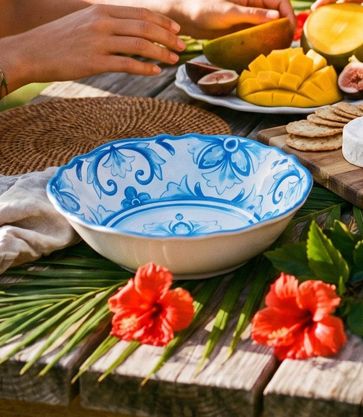 Melamine Mallorca cereal bowl with vibrant blue floral design inspired by Spanish ceramics
