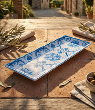 Melamine Mallorca Serving Tray with vibrant blue floral design and sturdy handles, inspired by Spanish ceramics