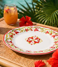Melamine Roma salad plate with vibrant multicolor floral and scroll design, 9-inch diameter, dishwasher safe.