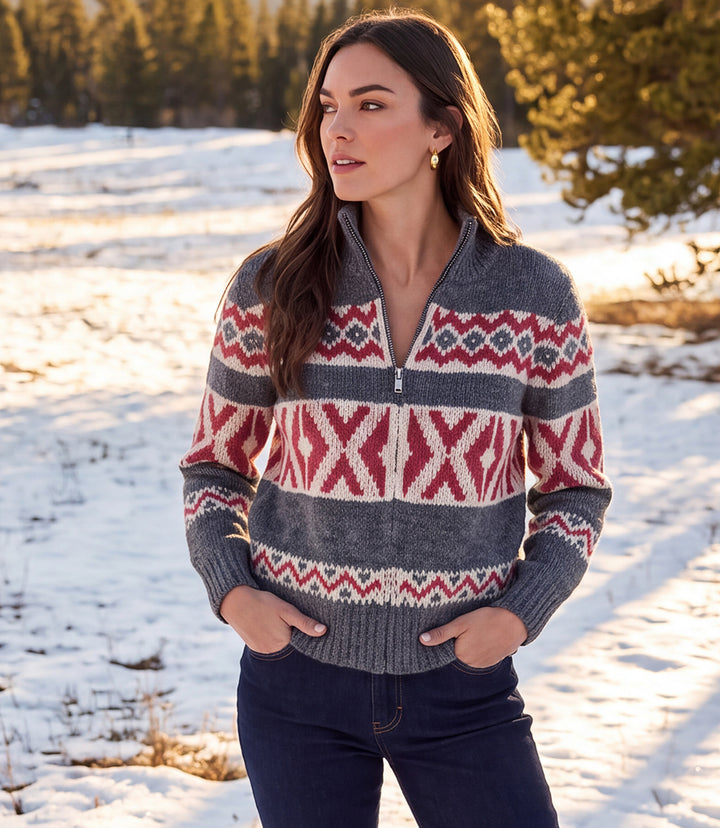 Mockneck Jacquard Zip Sweater