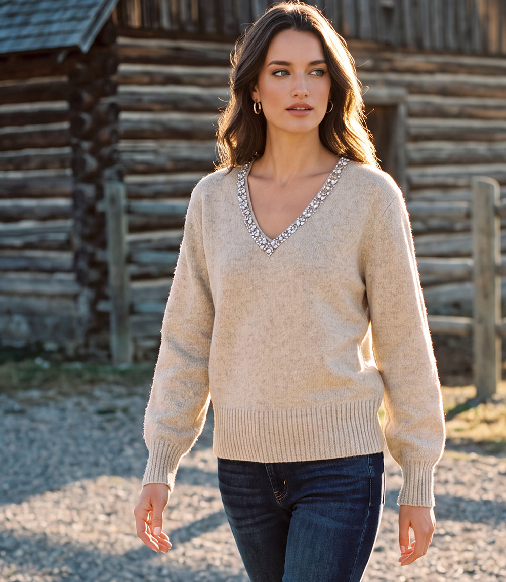 Embellished V-Neck Sweater